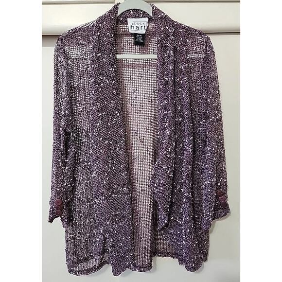 KEREN HART Tan-Open-weave, textured look w/Asymmetrical lower edge Cardigan-XL - Picture 2 of 14